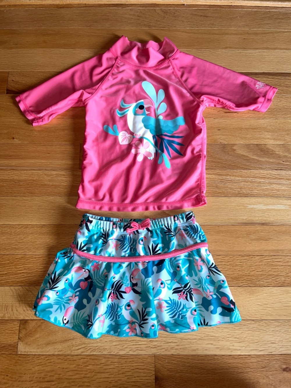 Girls' Pink Toucan Swim Rashguard Set with Aqua Skirt